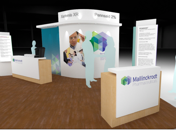 A 3D model of a trade show booth with a modern design. The booth is white with a blue and blue color scheme and has a large banner on the front that reads "Xartemis XR" and "Pennsaid 2%". The banner also has an image of a group of people and a colorful geometric pattern. On the right side of the booth there is a sign that says "Mallinckrodt Pharmaceuticals" and on the left side there are two smaller signs with information about the booth. The background is a wooden floor and there are white silhouettes of people standing around the booth.