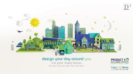 An illustration of a cityscape with a variety of buildings and structures. The buildings are in different colors and styles including blue green and yellow. There are several skyscrapers and buildings of different sizes and shapes including tall modern and high-rise. The sky is blue with a few clouds and there is a yellow sun in the top left corner. In the center of the image there are several houses and buildings in different shades of blue and green. The houses are arranged in a grid-like pattern with some buildings having a green roof and others having a blue roof. There is also a small park with trees and a fountain in the foreground. The park is surrounded by a grassy area with a bench and a few people walking around. The image also has a text overlay that reads "design your day around you not your many doses because you are more than your pain" and a logo for Product X.