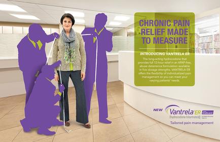 An advertisement for cantrell ER a company that provides tailored pain management services. The advertisement features a woman standing in front of a reception desk with three silhouettes of people around her. The woman is wearing a beige blazer a scarf and a scarf around her neck. She is smiling and looking at the camera. On the right side of the image there is a green banner with the company's logo and text that reads "Chronic Pain Relief Made to Measure". Below the banner there are two smaller silhouettes one of a person with a cane and the other of a dog. The background is a white wall with a window and a bookshelf. The overall color scheme of the advertisement is purple and green.