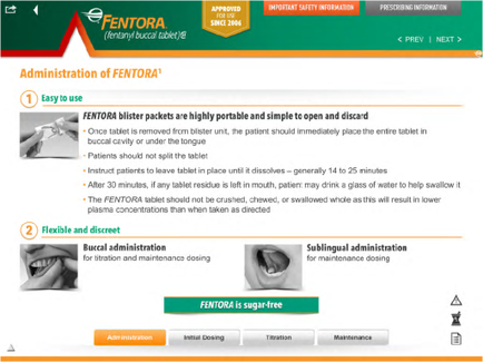 A screenshot of the Administration of mentor website. It is a page from the website that provides information about the administration of mentor blister packs. The page has a green and orange color scheme with the logo of the company at the top. On the left side of the page there is a list of instructions on how to use the product. The instructions are: 1. Easy to use: 2. Flexible and discreet 3. ducal administration 4. Sublingual administration 5. entire is sugar-free At the bottom of the image there are three buttons - "Administration" "Initial Dosing" "Titration" and "Maintenance". These buttons allow the user to access the information they want to use. The page also has a brief description of the product which states that it is highly portable and simple to open and discard. It also mentions that the product should be removed from blister packs and that the patient should immediately place the entire tablet in the patient's mouth.