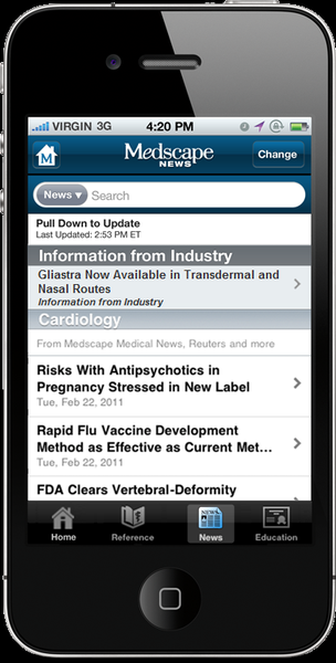 A screenshot of a mobile phone screen displaying the homepage of the Virginia 3G escape News app. The top of the screen has a blue header with the ape's logo and the time "4:20 PM" at the top. Below the header there is a search bar and a "Change" button. The main content of the app is a list of news articles from the industry including "Risks with Antipsychotics in Pregnancy Stressed in New Label" "Rapid Flu Vaccine Development Method as Effective as Current Met..." "FDA Clears Vertebral-Deformity" and "Home". The news articles are arranged in a grid-like format with each article accompanied by a brief description of the article. At the bottom of the image there are several icons for the app including a home button a reference button and a news icon. The app appears to be a news app for medical professionals.