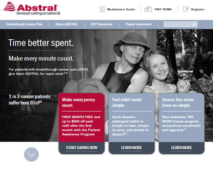 A screenshot of the homepage of the astral website. The page is divided into two sections. The top section is titled "Breakthrough Cancer Pain" and has a blue header with the company's logo and contact information. Below the header there is a navigation bar with links to different sections of the website. The main section of the page has a black and white photo of a man and a young girl sitting on a bench in a park. The man is wearing a hat and the girl is smiling at the camera. They are both wearing casual clothes and appear to be happy and relaxed. The background is blurred but it appears to be a wooded area with trees and greenery. - The text on the page reads "Time better spent. Make every minute count. For patients with breakthrough cancer pain (stop) give them astral for rapid relief. 1 in 2 cancer patients suffer from stop. First month free and refill after the first assistance program. Start saving now. Fast relief made simple. Access has never been so simple." On the right side of the image there are three buttons - "Start Saving Now" "Learn More" and "Learn more". These buttons allow users to learn more about the website's services.