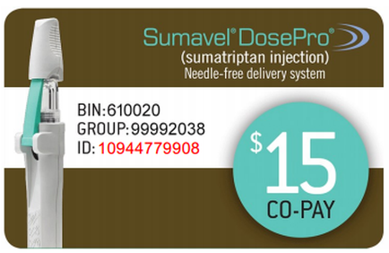 An advertisement for suave DosePro (sumatriptan injection) needle-free delivery system. The background is a light brown color and the product name is written in white text on the top right corner. On the left side of the image there is a picture of the product which appears to be a medical device with a white body and a green handle. The device has a small opening at the top and a small nozzle at the bottom. The text on this image reads "BIN: 610020 GROUP: 9999992038 ID: 10944779908". On the bottom right corner there are two blue circles with the text "$15 CO-PAY" written on them.