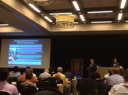 A large conference room with a projector screen in the center. The screen displays a presentation slide with text and images related to assessing patients with chronic pain and treatment history. On the right side of the screen there is a man standing at a podium and giving a presentation to a group of people sitting in rows of chairs. The room is dimly lit with chandeliers hanging from the ceiling. The people in the audience are attentively listening to the presentation.