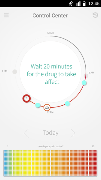 A screenshot of the Control Center app on an iPhone. The app has a white background with a circular clock in the center. The clock has a red circle around it with the text "Wait 20 minutes for the drug to take affect" written in blue. Below the clock there is a text that reads "12 AM" and below that there are two red circles with the same text. At the bottom of the screen there has a color palette with different shades of orange yellow green blue and red. The colors are arranged in a grid-like pattern with each color representing a different day of the week. The text below the color palette reads "Today" and "How is your pain today?"