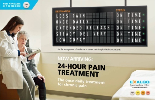 An advertisement for Exalgo. The advertisement features a doctor and an older woman patient in a hospital room. The doctor is wearing a white coat and is holding a clipboard while the elderly woman is looking at it intently.<br /><br />In the center of the image there is a large arrivals and departures board. The screen displays the phrases "less pain" "once-daily" "extended release" "steady delivery" and "low copay" each with the status "on time".  At the bottom of the page the main text of the advertisement reads "Now Arriving: 24-Hour Pain Treatment the once-daily treatment for chronic pain". In the upper left corner there is a blue banner with the phrase "Now available in a 32 mg dose" with an illustration of a tablet. The Exalgo logo is at the bottom right corner.