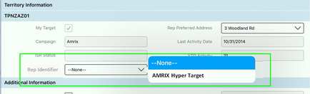 A screenshot of a form titled "Territory Information" with the title "TPNZAZ01". The form is divided into two sections. The top section is titled "My Target" and has a field for the user to enter their target information. Below the field there are two fields - "Campaign" and "Amrix". The first field is for the campaign which is a campaign with a blue background and white text. It has a checkbook next to it that says "My target". The second field is labeled "Rep Preferred Address" and contains a field where the user can enter their preferred address. There is also a field labeled "3 Woodland Rd" which is the last activity date of the campaign. The field is marked "10/31/2014". At the bottom of the form there is a button labeled "None" which can be clicked to add additional information to the form.