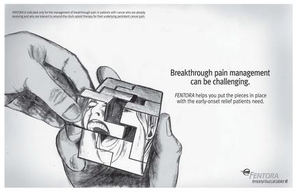 A black and white illustration of a hand holding a piece of paper with a face drawn on it. The face appears to be a person's mouth with their eyes closed and their mouth slightly open. The hand is holding the paper with both hands and the paper is tilted slightly to the side. The background is white. On the right side of the image there is text that reads "Breakthrough pain management can be challenging. mentor helps you put the pieces in place with the early-onset relief patients need."