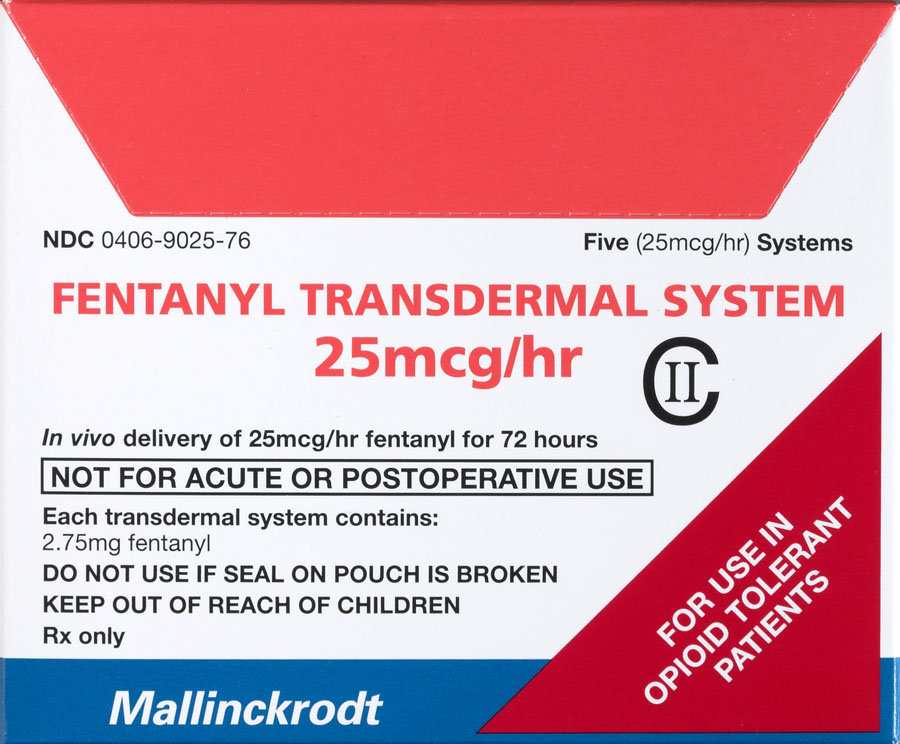 A photograph of a box of Fentanyl Transdermal System 25 mcg/hr. The box is rectangular in shape and has a blue red and white color scheme. The front of the box has the brand name "Mallinckrodt" written in bold letters and includes a description of the product which states that it is in vivo delivery of 25mcg/hr fentanyl for 72 hours. The label also mentions that the product is not for acute or postoperative use and that it contains 2.75mg fentanyl. There is also a note that says "Do not use if seal on pouch is broken. Keep out of reach of children. Rx only." The bottom right corner has the text "For use in opioid tolerant patients".