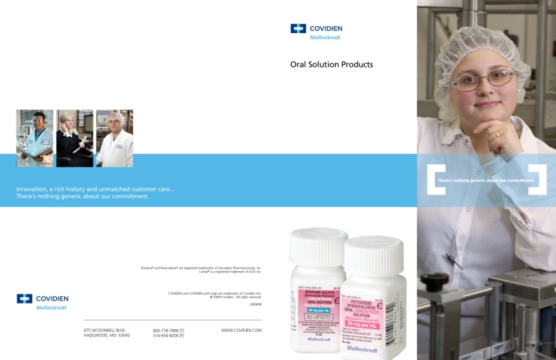 An advertisement for Covidien Oral Solution Products. It features a young woman wearing a white lab coat and a hairnet standing in front of a machine. She is smiling and looking at the camera. On the left side of the image there is a blue banner with the company's logo and contact information. <br /><br />On the right side there are two white bottles with pink labels. The bottles are placed on a conveyor belt. The background is blurred but it appears to be a laboratory.<br /><br />The overall design of the advertisement is clean and modern.