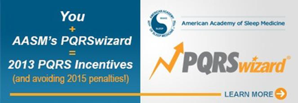 A banner or advertisement for the American Academy of Sleep Medicine (AASM) and pars Wizard. The banner has a blue background with white text. On the left side of the banner there is a title that reads "You + AASM's PQRSwizard = 2013 pars Incentives (and avoiding 2015 penalties!)". On the right side there are two logos - one is the American academy of sleep medicine logo and the other is the pars wizard logo. The logo is a white circle with a blue and orange gradient and the text is written in black. The text is in a modern sans-serif font and is centered on the banner.