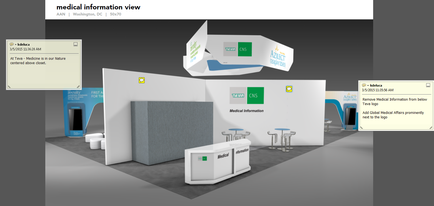 A 3D rendering of a medical information view of a trade show booth. The booth is white with a blue and green logo on the left side and a white reception desk on the right side. There are several stools and tables in front of the booth and a blue banner on the wall behind it. On the top left corner there is a pop-up window with a message that reads "Medical information view". The background is black and the overall design is modern and professional.