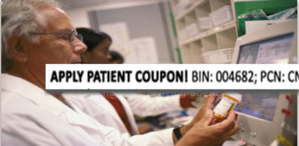 An elderly man in a white lab coat sitting at a desk in front of a computer monitor. He is holding a prescription bottle in his hand and appears to be looking at it intently. Behind him there are shelves with various medical supplies and a woman in a red shirt is standing behind him. The image also has a text overlay that reads "Apply Patient coupon Bin: 004682: PCN: CN".