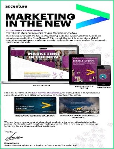 An advertisement for Accenture Marketing in the New. It has a white background with a green and blue logo at the top. Below the logo there is text that reads "Marketing in the new" in bold black font. There are three images in the image - a laptop a tablet and a smartphone. The laptop is on the left side of the image the tablet is in the center and the smartphone is to the right. The tablet has a purple cover with the Accenture logo and the text "MARKETING IN THE NEW" in white font. The tablet and smartphone are on the right side with the tablet displaying the same logo and text. The phone has a black screen and the tablet has the same purple cover. The text on the screen reads "The new digital marketing collection". At the bottom of the advertisement there are three smaller images - one of a website with a blue and yellow color scheme and the other of a mobile phone with a purple background. The website appears to be a collection of digital marketing products.
