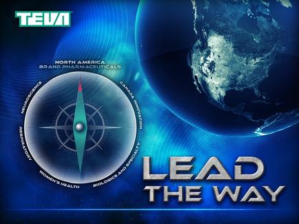 A digital graphic design with a blue background and a globe on the right side. The globe is in the center of the image with a compass rose in the middle. Around the compass rose there is text that reads "North America Brand Pharmaceuticals" and "Lead the Way". The text is in white and is in a modern sans-serif font. The overall design is simple and minimalist with the word "Lead" in a larger font size than the rest of the text.