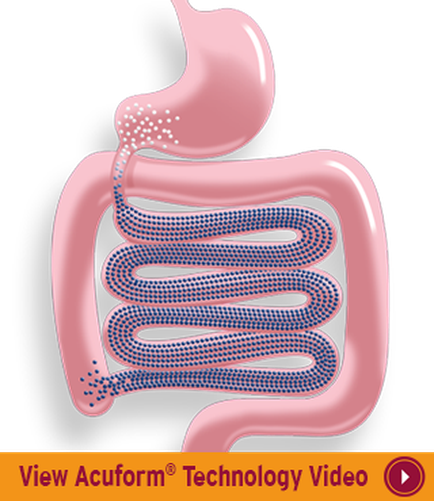 A 3D illustration of a human digestive system. It shows the internal structure of the digestive system specifically the stomach and the small intestine. The stomach is pink in color and has a large intestine on the left side. On the right side of the stomach there is a small intestine with a small amount of blood flowing out of it. The small intestine is blue in color with small white dots scattered throughout. The image also has a text overlay that reads "View arciform® Technology Video".