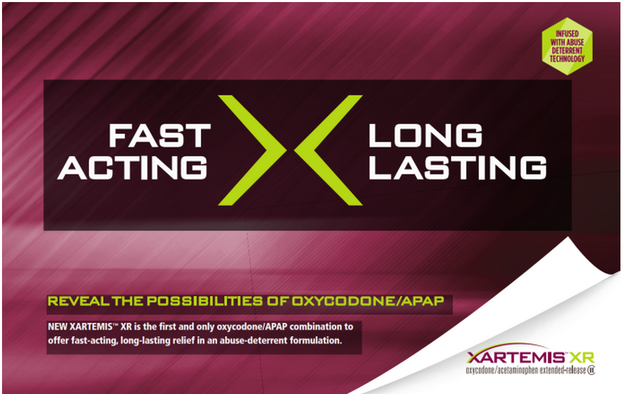 A banner or advertisement for XARTEMIS XR. The main text on the page reads "Long on Relief" and "Short on Abuse". The background of the banner is a gradient of pink and purple with the text "Reveal the possibilities of Oxycodone/APAP" in white and green. The text is in a bold sans-serif font and is centered on the banner. Below the text there is a smaller text that reads "New Xartemis XR is the first and only oxycodone/APAP combination to offer fast-acting long-lasting relief in an abuse-deterrent formulation." The logo of the company is also visible in the bottom right corner.