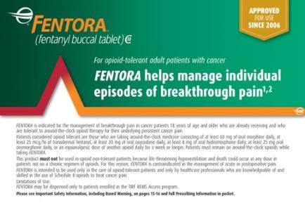 An advertisement for mentor (Fentanyl buccal tablet) for opioid-tolerant adult patients with cancer. The background of the image is green and the text is in white. The text is divided into two sections. On the left side there is a red arrow pointing upwards indicating that the tablet is available for use since 2006. On the right side it is written in black text. Below the arrow it reads "mentor helps manage individual episodes of breakthrough pain 1-2". At the bottom of the advertisement there are two bullet points that explain the benefits of the tablet. The first bullet point states that it is an indicator for the management of breakthrough pain in cancer patients 18 years of age and older who are already receiving and who are eligible for the treatment. The second bullet point explains that the medication is not used in opioid treatment and that it can be used to treat multiple sclerosis. Overall the image conveys the message that mentor provides information about the benefits and benefits of using the tablet for those affected by cancer.