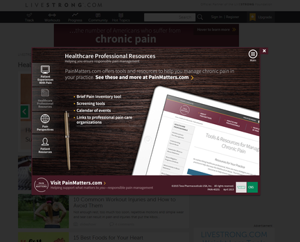 A screenshot of the homepage of a website called "Livestrong.com". The website has a dark brown background with a white banner at the top that reads "Healthcare Professional Resources". Below the banner there is a navigation bar with links to different sections of the website. On the left side of the page there are several icons representing different resources offered by the website such as "PainMatters.com" and "10 Common Workout Injuries and How to Avoid Them". On the right side the website's logo is displayed prominently in the top left corner. In the center of the image there appears to be a tablet with a website open on the screen. The website's main content is a list of tools and resources for managing chronic pain. The tools are listed in a table format with columns for each resource. The page also has a search bar at the bottom allowing users to quickly find the information they need.