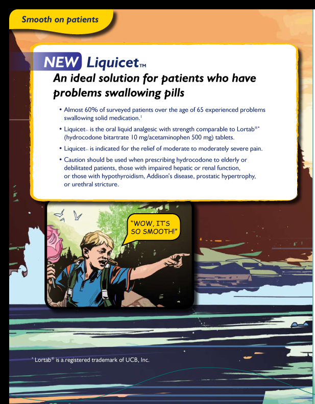 An advertisement for Liquicet with the tagline "New Liquicet. An ideal solution for patients who have problems swallowing pills". The background of the image is a colorful illustration of a man with blonde hair and a blue shirt holding a pink flower in his hand. He is standing in front of a body of water with mountains in the background. The text on the image reads "Smooth on patients" and "Liquicet" in bold white letters. Below the text there is a yellow banner with the product name and a description of the product. The overall color scheme of the illustration is bright and vibrant with a mix of blues greens and yellows.