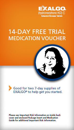 An advertisement for a 14-day free trial medication voucher from Exalgo. The voucher is orange in color at the top and has a white background at the bottom. On the right side of the voucher there is a blue circle with a photo of a woman's face in the center. The woman has long dark hair and is smiling. Below the photo it says "Good for two 7-day supplies of EXALGO® to help get you started. Please see Important Risk Information on inside back cover and enclosed Package Insert and Medication Guide for additional important risk information." <br /><br />At the top of the image there is the Exalgo logo.
