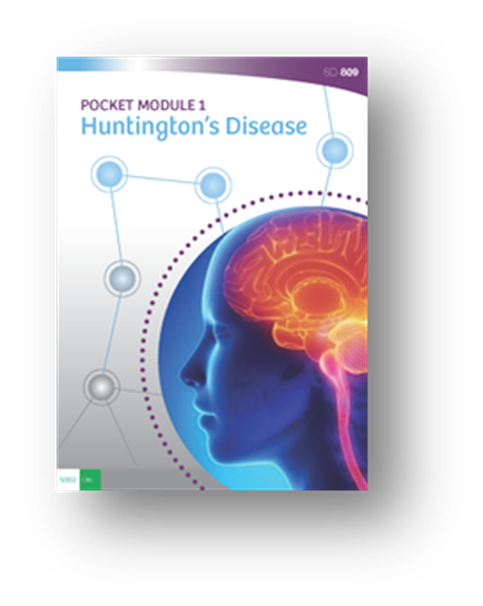 A digital illustration of a person's head with the title "Pocket Module 1: Huntington's Disease" above it. The background is white with a blue circle in the center. Inside the circle there is an image of the human brain in orange and yellow colors. The brain is surrounded by a network of interconnected lines and dots representing the interconnectedness of the brain. The title of the module is written in bold black letters at the top of the image. The overall design is modern and eye-catching.