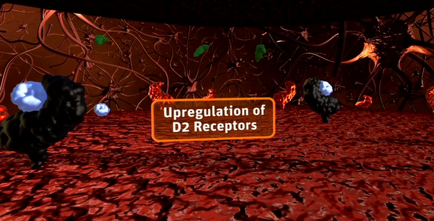 A 3D rendering of a scene from a video game. The background is dark and the floor is covered in red blood cells. In the center of the image there is a text that reads "regulation of D2 Receptors". Surrounding the text there are several black and blue spheres which appear to be interacting with each other. The spheres are of different sizes and shapes and they are arranged in a way that suggests they are interacting with different types of receptors. There are also several red and green cells scattered throughout the image. The cells are connected by thin lines which could represent neurons or neurons. The overall color scheme of the scene is red blue green and orange giving it a futuristic and sci-fi feel.