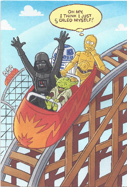 An illustration of three characters from the Star Wars franchise - Darth Vader Yoda and C-3PO - riding on a roller coaster. Darth Vader is on the left side of the image with his arms raised in the air and a speech bubble above his head that reads "Oh my I think I just 5 oiled myself!" The other two characters are on the right side with Yoda in the middle and capo on the bottom. The roller coaster is red and orange with flames coming out of it. The background is a blue sky with white clouds.