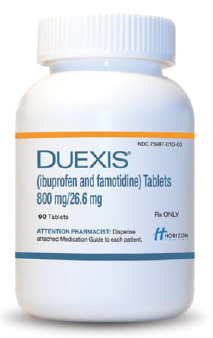 Of a white plastic bottle with a white label. The label has the brand name "DUEXIS (ibuprofen and famotidine) Tablets". Below that there is a description of the product which states that it is 800 mg/26.6 mg and 90 tablets. The bottle has a white cap and is placed on a white background. At the bottom of the label it says "Attention Pharmacist: Dispense attached medication guide to each patient." The label also mentions that the product is available by prescription only.