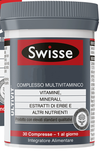 Of a jar of Swiss multivitamin supplement. The jar is white with a red and black label. The label has the brand name "swiss" written in bold black letters at the top followed by the product name "complex Multivitaminico" in smaller black letters. Below that there is a description of the supplement which states that it contains Vitamin Mineral strati di ere e strati nutrients and 30 compressed - 1 al giorno integrators alimentary. The jar has a black lid and is placed on a white background. On the left side of the label there are two other jars of the same supplement one with a black label and the other with a white label.