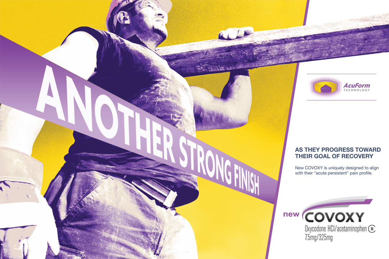 An advertisement for Covoxy with the tagline "Another strong finish as they progress toward their goal of recovery". There is a photograph of a man wearing a hard hat safety goggles and work gloves. He is holding a wooden plank with both hands and appears to be working on a construction site. The background is yellow and white with graphic elements in purple yellow and gray with text in black white and purple. The logo of Covoxy is in the bottom right corner.