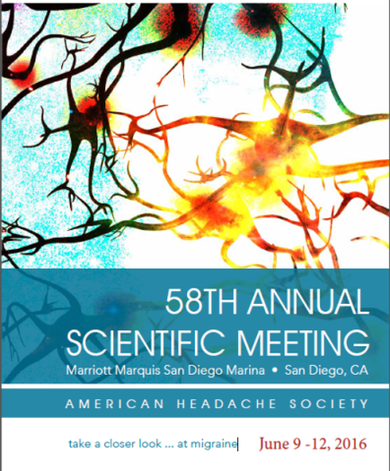 A poster for the 58th Annual Scientific Meeting of the American Headache Society. The poster has a blue background with a colorful abstract design in the center. The design is made up of different shades of blue green orange and yellow with black lines and dots scattered throughout. The lines are arranged in a way that creates a sense of movement and energy. The title of the event is written in bold white letters at the top of the poster with the date "June 9-12 2016" written in smaller white letters below it. At the bottom there is a smaller text that reads "American headache society" in white letters.