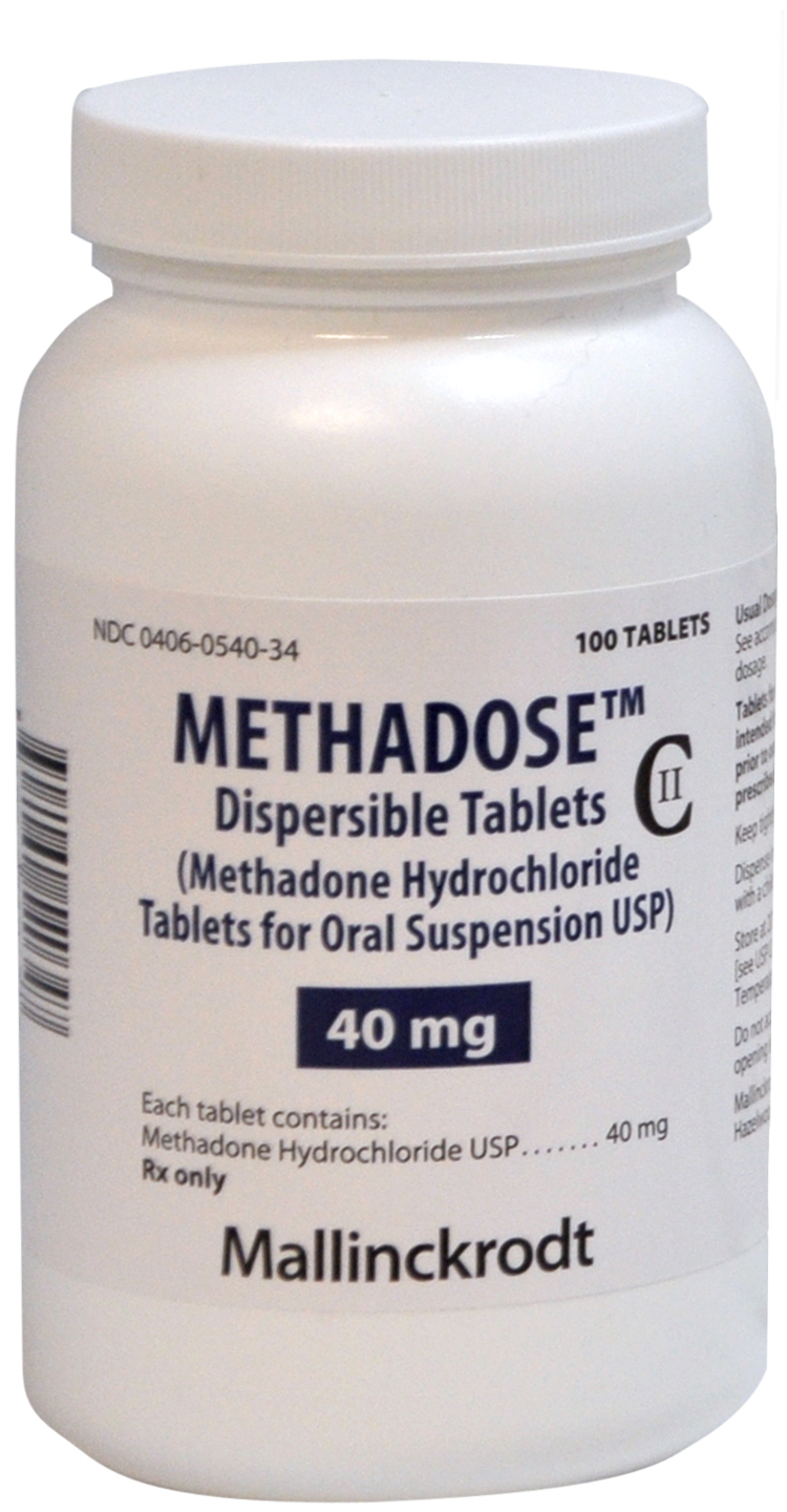 Of a bottle of Methadose Dispersible Tablets CII (Methadone Hydrochloride Tablets for Oral Suspension USP) 40 mg. The bottle and label are white with text in dark blue and black. The logo of Mallinckrodt is at the bottom of the label. It is shown in close-up against a plain white background.