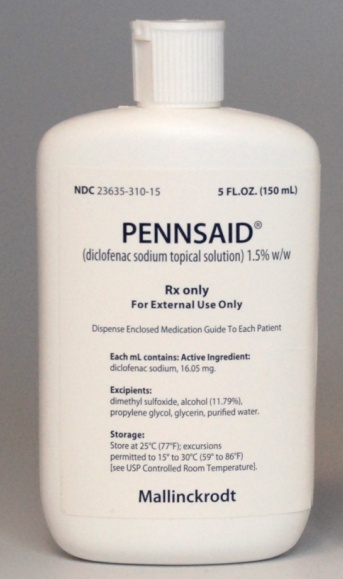 Of a white plastic bottle with a white cap. The bottle is labeled "Pennsaid Diclofenac sodium topical solution (1.5% w/w)". The label also mentions that the product is Rx only and for external use only. There is also additional information about the product which states that the bottle contains 5 fl. oz. (150 ml) of the solution. The logo for Mallinckrodt a pharmaceutical company is also visible.