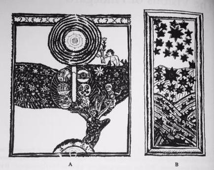 A black and white illustration of two panels. The first panel on the left is a square with a circular design in the center. The design is made up of a series of concentric circles and lines with a central circle in the middle. The circles are arranged in a symmetrical pattern creating a sense of depth and dimension. The second panel in the right is a rectangular panel with a star-like design on the top right corner. The stars are evenly spaced and appear to be made of a textured material. The background of the panel is a landscape with mountains and trees. The overall style of the illustration is ornate and detailed with intricate lines and curves.