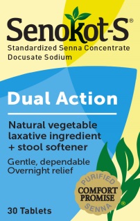 A product label for Senokot-S Standardized Senna Concentrate. The label is yellow and blue in color with the brand name "Senokot" written in bold black letters at the top. Below that it says "Dual Action" in smaller black letters. <br /><br />The label also mentions that the product is a natural vegetable laxative ingredient and stool softener which offers gentle dependable overnight relief. The box contains 30 tablets. On the right side of the label there is an illustration of a green plant with leaves representing the natural ingredients used in the product.<br /><br />At the bottom right corner there are two text blocks one for "Purified Comfort Promise Senna" and the other for "30 Tablets".