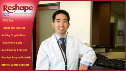 A promotional graphic for reshapes tasso Tips. It features a photo of a young man wearing a white lab coat and a stethoscope around his neck. He is standing in front of a desk with a computer monitor and keyboard. The man is smiling and looking directly at the camera. On the left side of the image there is text that reads "tasso tips: Tracking Your Progress Avoiding Complications Talk Live with a CDE Meal Planning & Exercise Download Program Materials Behavior Change Challenge".