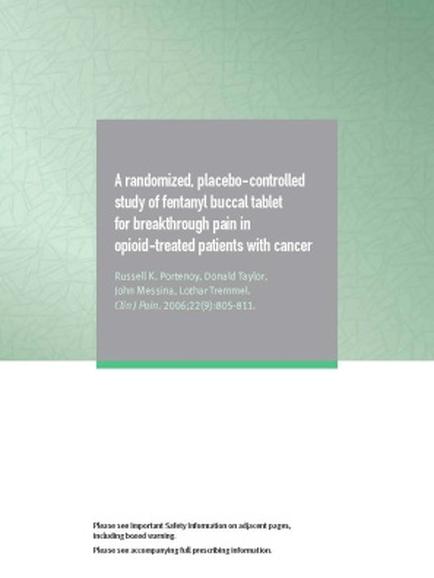 A cover page of a book titled "A randomized placebo-controlled study of fentanyl buccal tablet for breakthrough pain in opioid-treated patients with cancer". The background of the page is a light green color with a textured pattern. The title of the book is written in black text in the center of the image. Below the title there is a subtitle in smaller text that reads "Russell K. partner Donald Taylor John Messina Lothar trammel O/P. Pain 2006/22/18/08-811". At the bottom of the cover page there are additional information about the book.