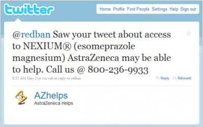 A screenshot of Twitter message from @AZhelps to @redban. The tweet reads "@redban Saw your tweet about access to NEXIUM (esomeprazole magnesium) AstraZeneca may be able to help. Call us @ 800-236-9933" The tweet is accompanied by the logo of AZhelps (a.k.a. AstraZeneca Helps). The background of the tweet is white with a blue border and text in blue and black.