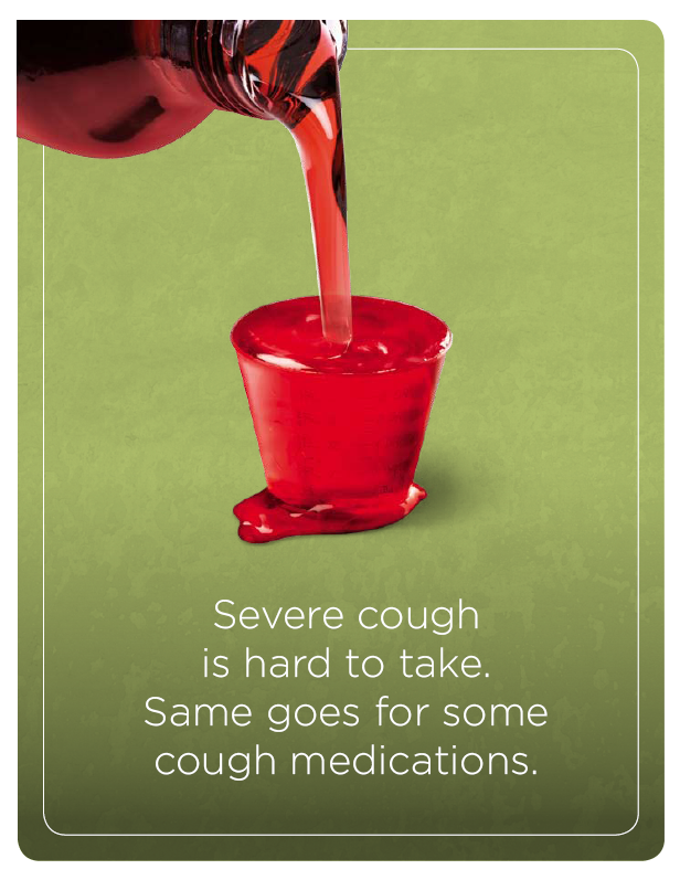 A red liquid being poured from a bottle into a small red cup. There is a text overlay on the image that reads "Severe cough is hard to take. Same goes for some cough medications." The background is a solid green color.