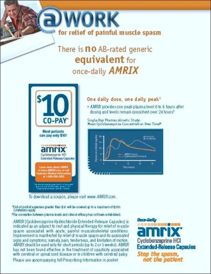 An advertisement for Amrix a company that provides relief of painful muscle spasms. The advertisement is divided into two sections. The top section has a blue background with the company's logo and contact information at the top. Below the logo there is an image of a man working on a piece of wood with a hammer and a wrench. The bottom section of the advertisement has a white background with blue text that reads "There is no AB-rated generic equivalent for once-daily AMRIX" and "One daily dose one daily peak". Below the text there are two blue graphs that show the results of the product. The first graph shows a decrease in the number of daily doses while the second graph shows an increase in the percentage of daily dose. On the left side of the ad there has a price tag of $10 CO-PAY indicating that the product is available for purchase at a discounted price. The text on the right side reads "Amrix Cycloplastine HCI Extended-Release Capsules" and the text at the bottom reads "Stop the spasms not the patient".