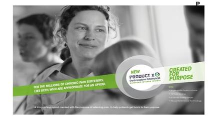 A black and white photograph of a woman with curly hair smiling at the camera. She appears to be in a room with other people in the background. The image is accompanied by text that reads "For the millions of chronic pain sufferers like Beth who are appropriate for an opioid." Below the text there is a circular logo with the text "New Product X" and "Created for Purpose" in white text. The overall design of the image is modern and minimalist.