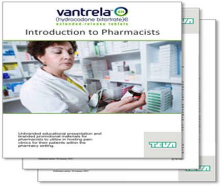A cover page of a brochure or report titled "Introduction to Pharmacists". It features a photo of a pharmacist in a pharmacy. The pharmacist is wearing a white lab coat and is holding a small bottle of medicine in her hand. She is standing in front of a shelf with various prescription bottles and boxes on it. The background is blurred but it appears to be a pharmacy with shelves and shelves filled with medicines. The title of the brochure is written in bold black font at the top of the page. Below the title there is a subtitle in smaller white font that reads "cantrell (Hydrocodone nitrate) extended-release tablets". The logo of the company is also visible in the bottom right corner.