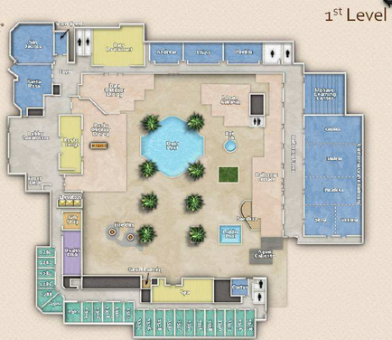 This is a untitled map of the first level of an unnamed hotel (presumably). The building is arranged around a central courtyard which includes a swimming pool a hot tub palm trees etc.