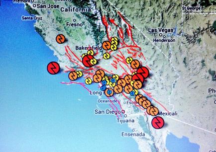 This is a untitled map of southern California and Baja California stretching from Fremont California (at the northwest corner) south to Ensenada Mexico and east to Las Vegas Nevada. Over 30 pins of various sizes and colors are placed between Bakersfield California and Mexicali Mexico. The location size color etc. of the pins are not explained but all of them have a design that resembles a vertical lightning bolt.