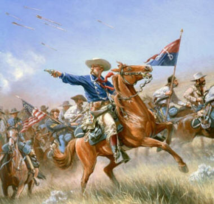A painting of a group of men on horseback engaged in a battle. The man in the center of the image is on a brown horse holding a Confederate flag and pointing it towards the right side of the frame. He is wearing a blue shirt white pants and a white cowboy hat. Behind him there are several other men on horses some of whom are also holding American flags. The background is a field of tall grass and wildflowers and there are a few kites flying in the sky. The sky is blue and the overall mood of the painting is tense and action-packed.