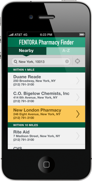 A screenshot of the mentor Pharmacy Finder app on an iPhone. The app is displayed on the screen with a green and white color scheme. The top of the screen has the ape's logo and the time "6:23 PM" at the top. Below the logo there is a search bar with the text "Nearby" and "A-Z". Below the search bar there are three options - "New York 10013" "Duane Reade" "C.O. below Chemists Inc" "New London Pharmacy" and "Rite Aid". The options are arranged in a grid-like layout with a yellow arrow pointing to the "Within 10 Miles" option. The background of the app is black.