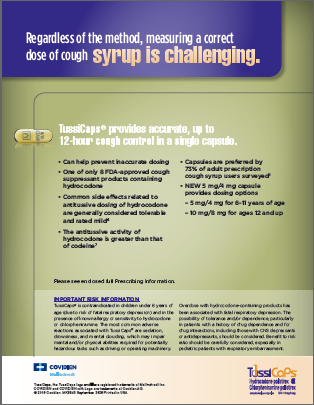 An advertisement for TussiCaps. A blue banner at the top of the ad reads: "Regardless of the method measuring a correct dose of cough syrup is challenging." <br /><br />The infographic has a green background with white and black text. On the left side of the infographic there is an illustration of a yellow capsule. To the right of the capsule there is a header which reads: "TussiCaps provides accurate up to 12-hour cough control in a single capsule." Below the pill bottle there are a number of bullet points that explain the benefits of using TussiCaps including information about the dosage.<br /><br />At the bottom of the page there are logos for TussiCaps Covidien and Mallinckrodt as well as important risk information.