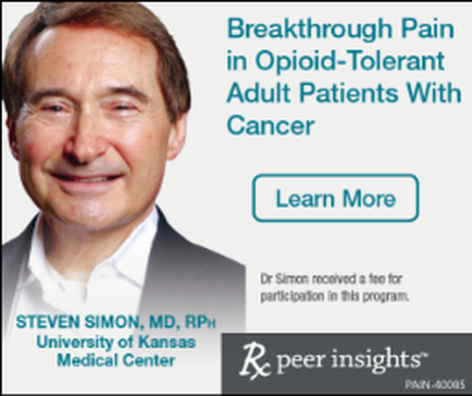 A promotional graphic for a program called "Breakthrough Pain in Opioid-Tolerant Adult Patients With Cancer". It features a photo of Steven Simon MD MPH from the University of Kansas Medical Center. He is smiling and looking directly at the camera. On the right side of the image there is text that reads "Learn More" and on the left side there are two buttons - "Dr. Simon received a fee for participation in this program" and "Peer Insights". The background is white.