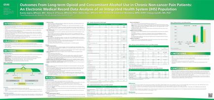A presentation slide titled "Outcomes From Long-Term Opioid and Concomitant Alcohol Use in Chronic Non-Cancer Pain Patients: An Electronic Medical Record Data Analysis of an Integrated Health System (IHS) Population". The slide is divided into three sections. The first section is titled "Introduction" and has a title that reads "Objectives". Below the title there is a table with three columns. The first column lists the objectives methods and results of the report. The second column shows the results of each report with the first column showing the percentage of patients who have been diagnosed with chronic non-cancer pain patients. The third column shows a bar graph that shows the number of patients with chronic pain. The fourth column shows that the report has been published in the United States with a total of 1000 patients. At the bottom of the slide there are several bullet points that provide further information about the report such as the results limitations and conclusions. The slide also has a arcade at the bottom right corner.